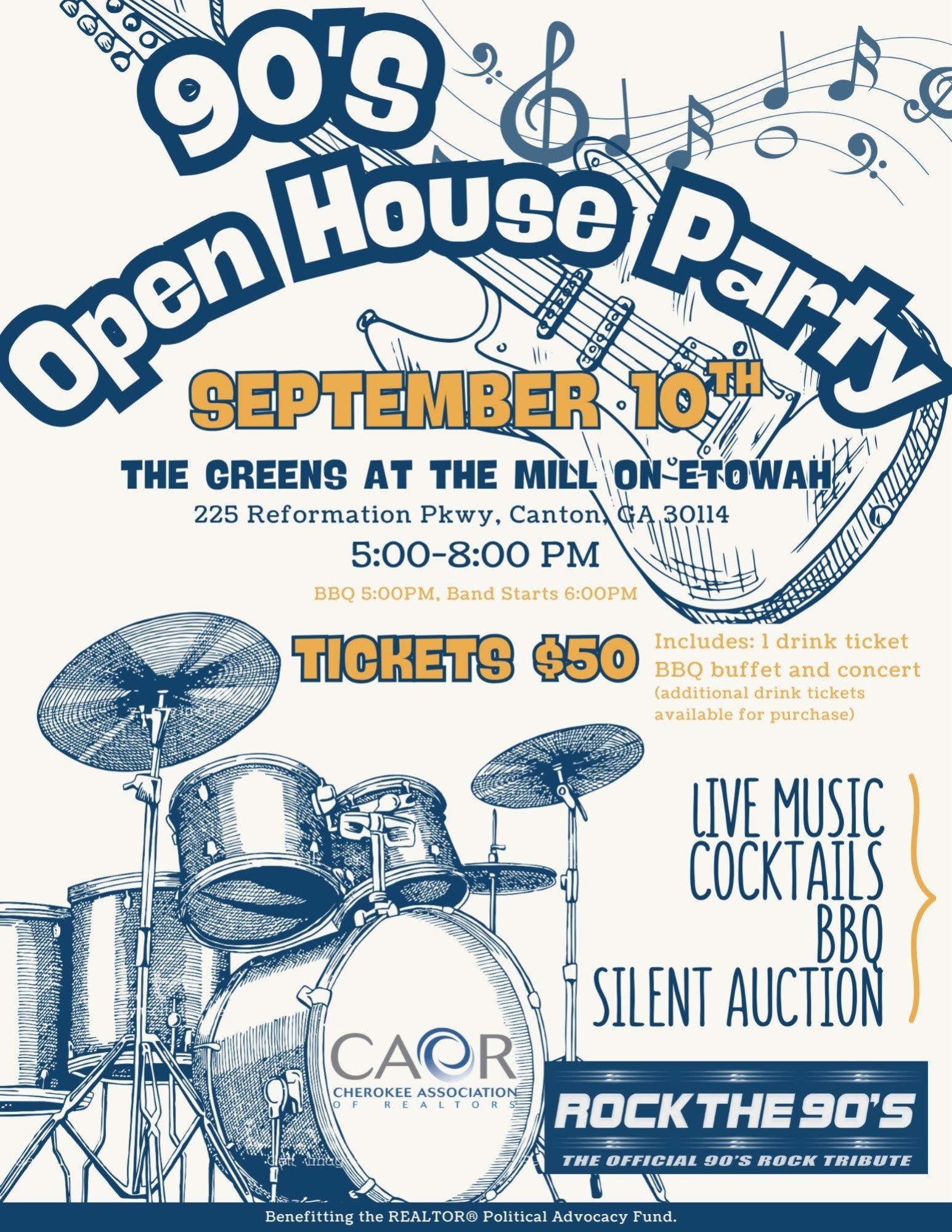 Guitar\, Drums and music notes on an event flyer